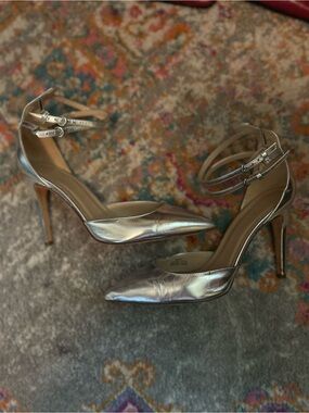 J. Crew Iridescent Silver Pointed-Toe Ankle-Strap Heels
